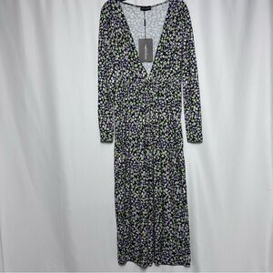 Pretty Little Thing Multi Ditsy Plunge Wide Leg Jumpsuit Deep V-Neck sz 4 NWT